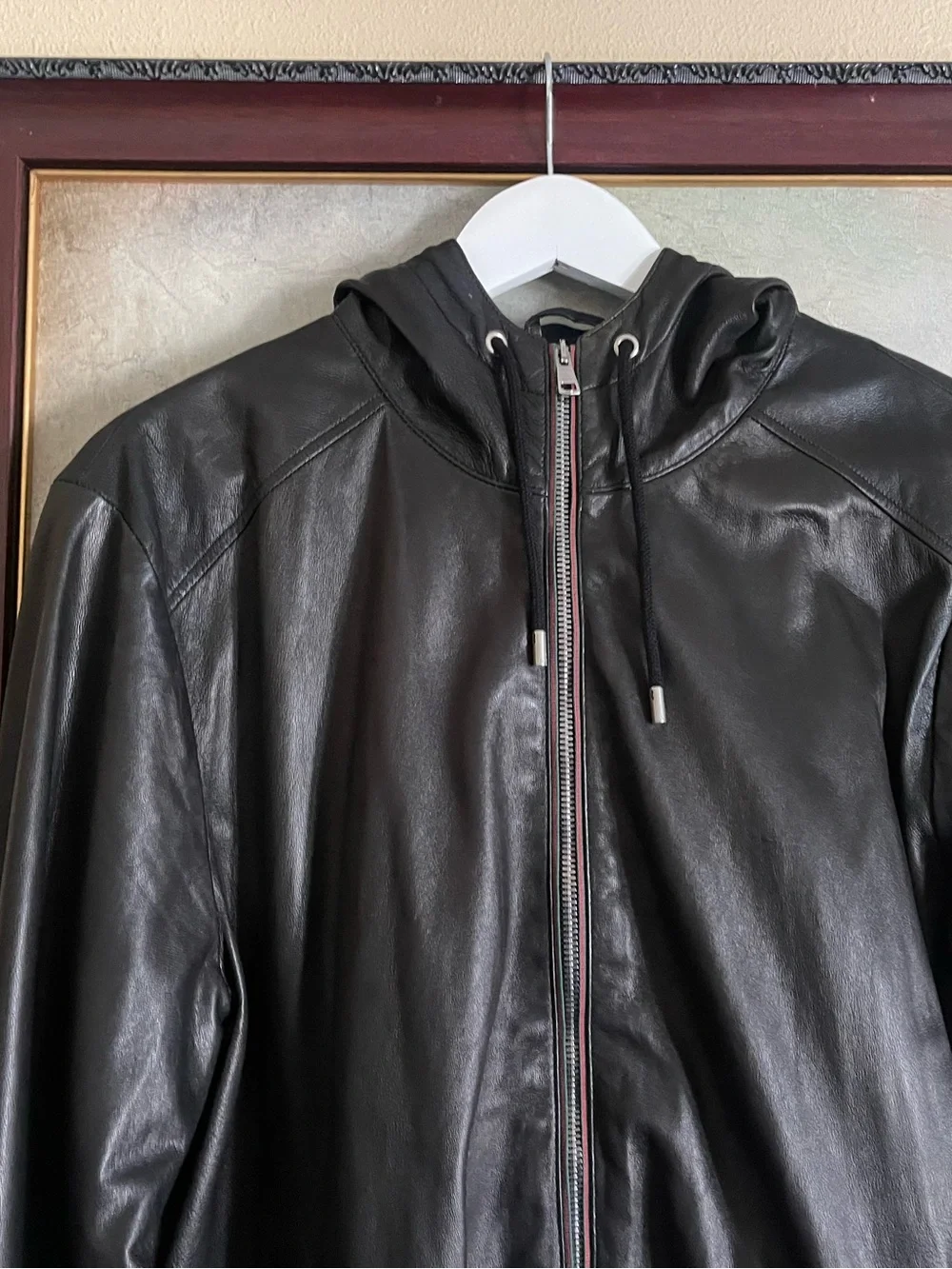 Gucci Black Leather Bomber Jacket with Hood